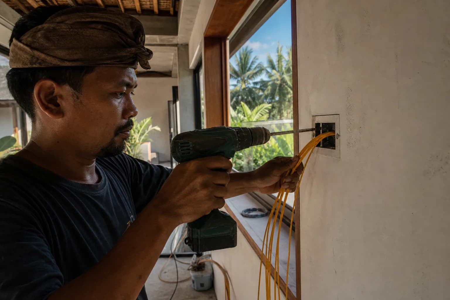 Fiber Optic Internet Cable Installation Through Bali Villa Walls