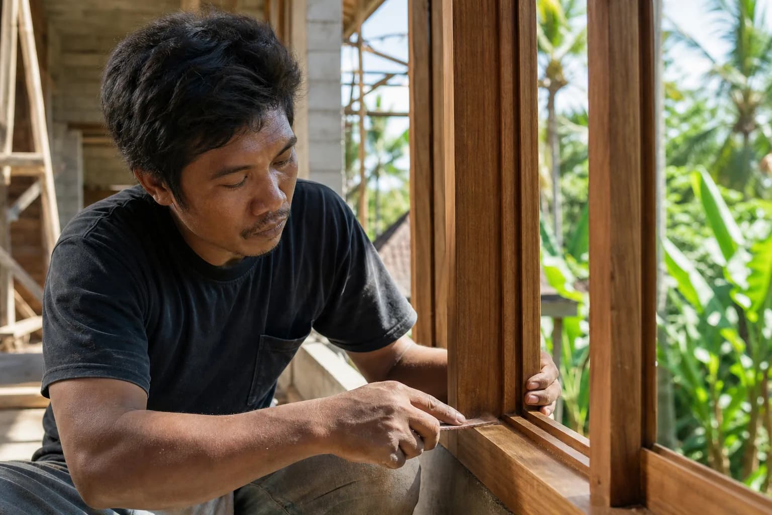 Teak Window Frame Rot Repair for Bali Villas
