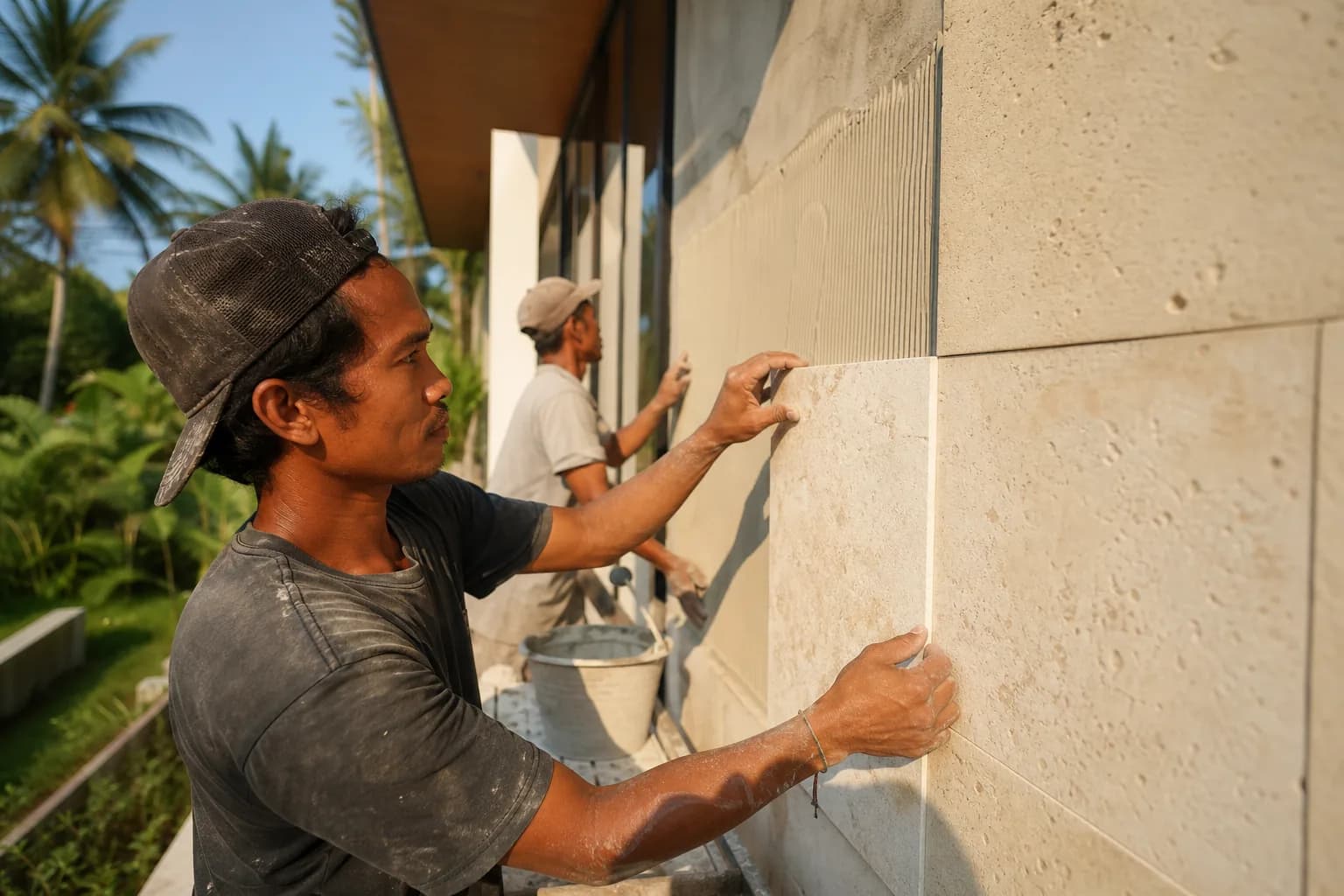 Limestone Wall Cladding Installation in Bali Villas