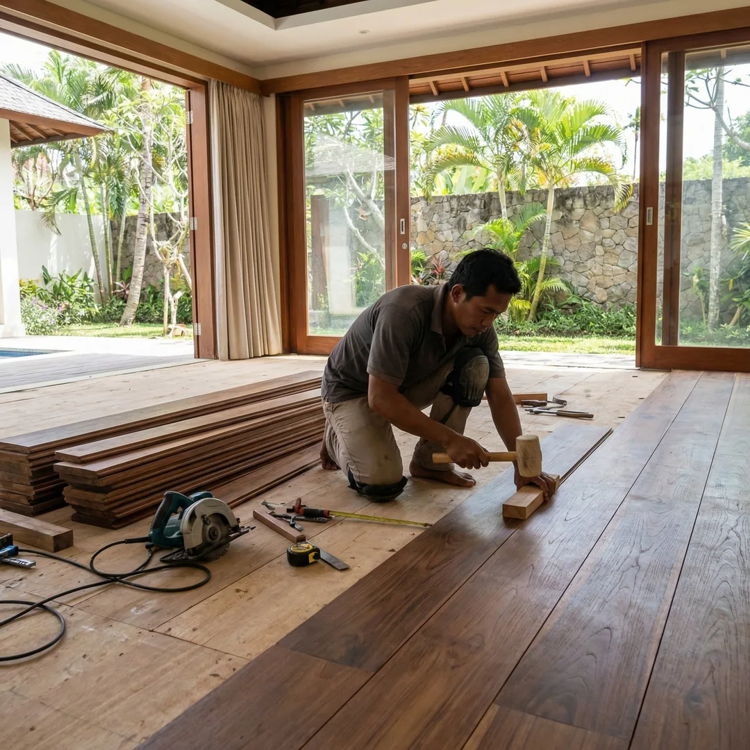 🪨 WOODEN FLOOR | Teak Plank Installation

Workers laying teak floor planks in living room. Proper s
