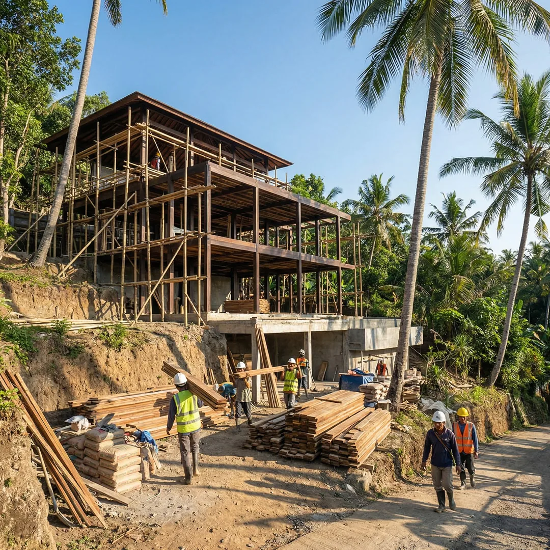 Building on Ubud's slopes requires precision engineering, not shortcuts. Terraced villa construction