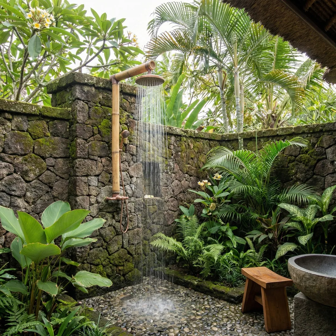 🚿 Outdoor Shower | Tropical Luxury Feature

Outdoor showers require drainage engineering, privacy s