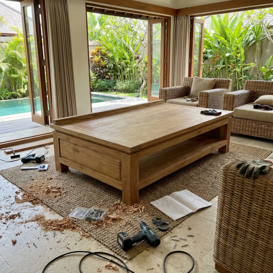 ☕ COFFEE TABLE | Natural Wood Assembly

Carpenters assembling teak coffee table in living room. Join