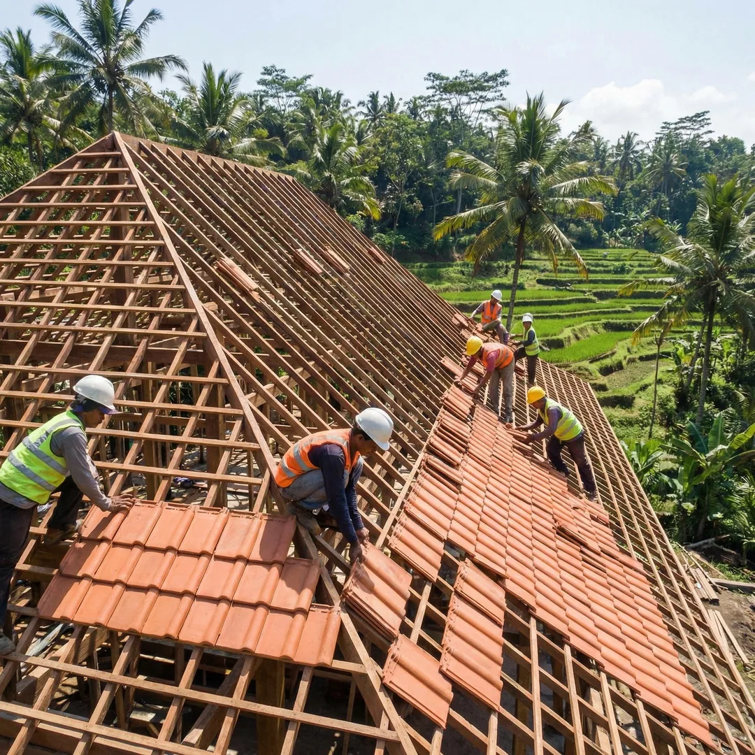🏚️ ROOF TILE INSTALLATION | Traditional Balinese Clay

Workers installing red clay tiles on villa r