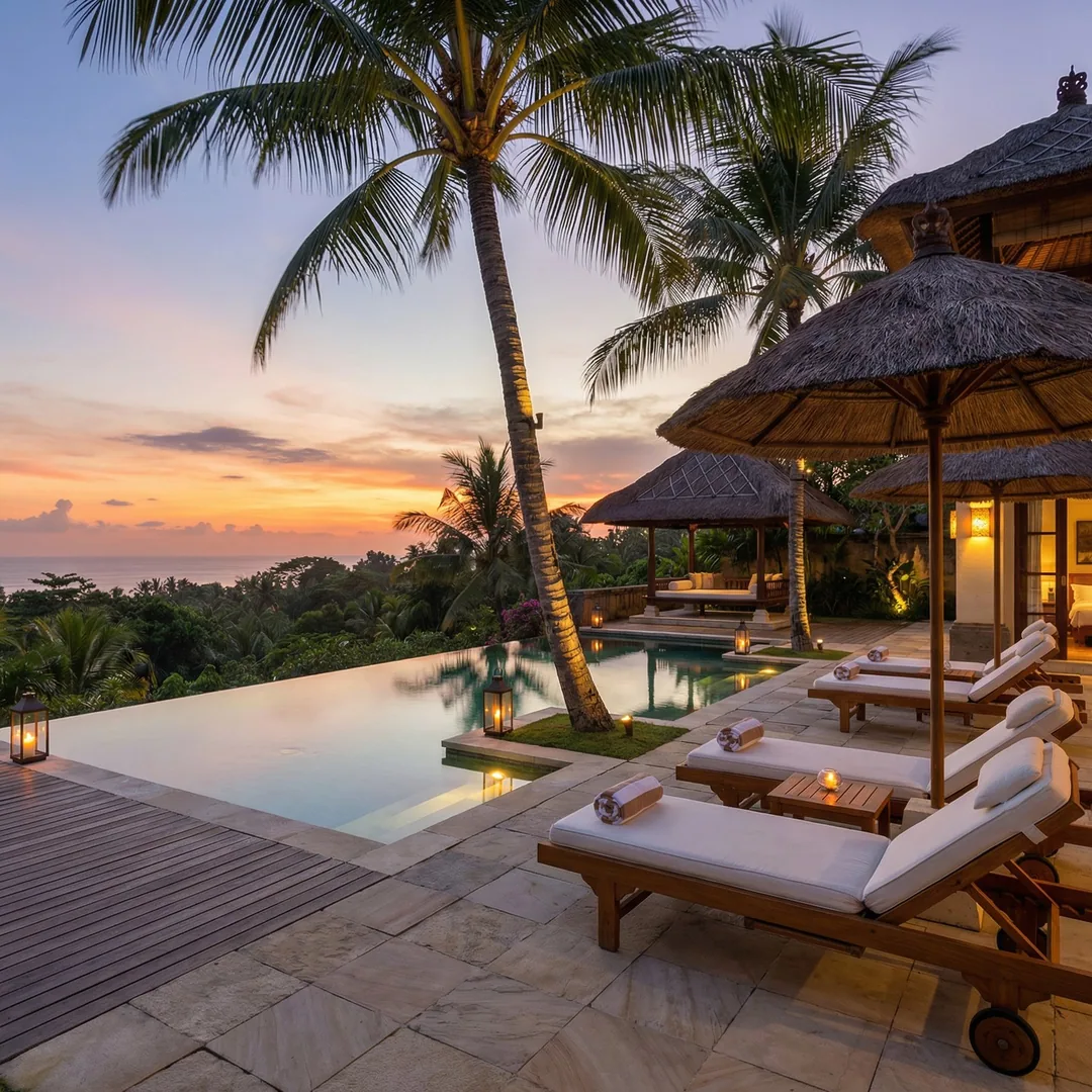 🌅 VILLA POOL DECK | Sunset Relaxation

Completed pool area with teak decking, lounge furniture, and