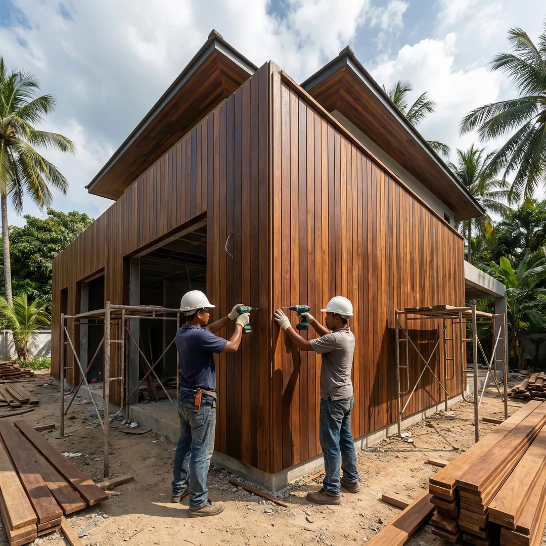 🪵 WOODEN FACADE PANELS | Teak Cladding Installation

Installing horizontal teak wood panels on vill