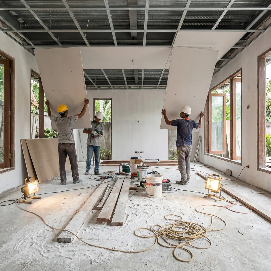🏠 LIVING ROOM CEILING | Drywall Installation

Workers mounting moisture-resistant drywall panels on
