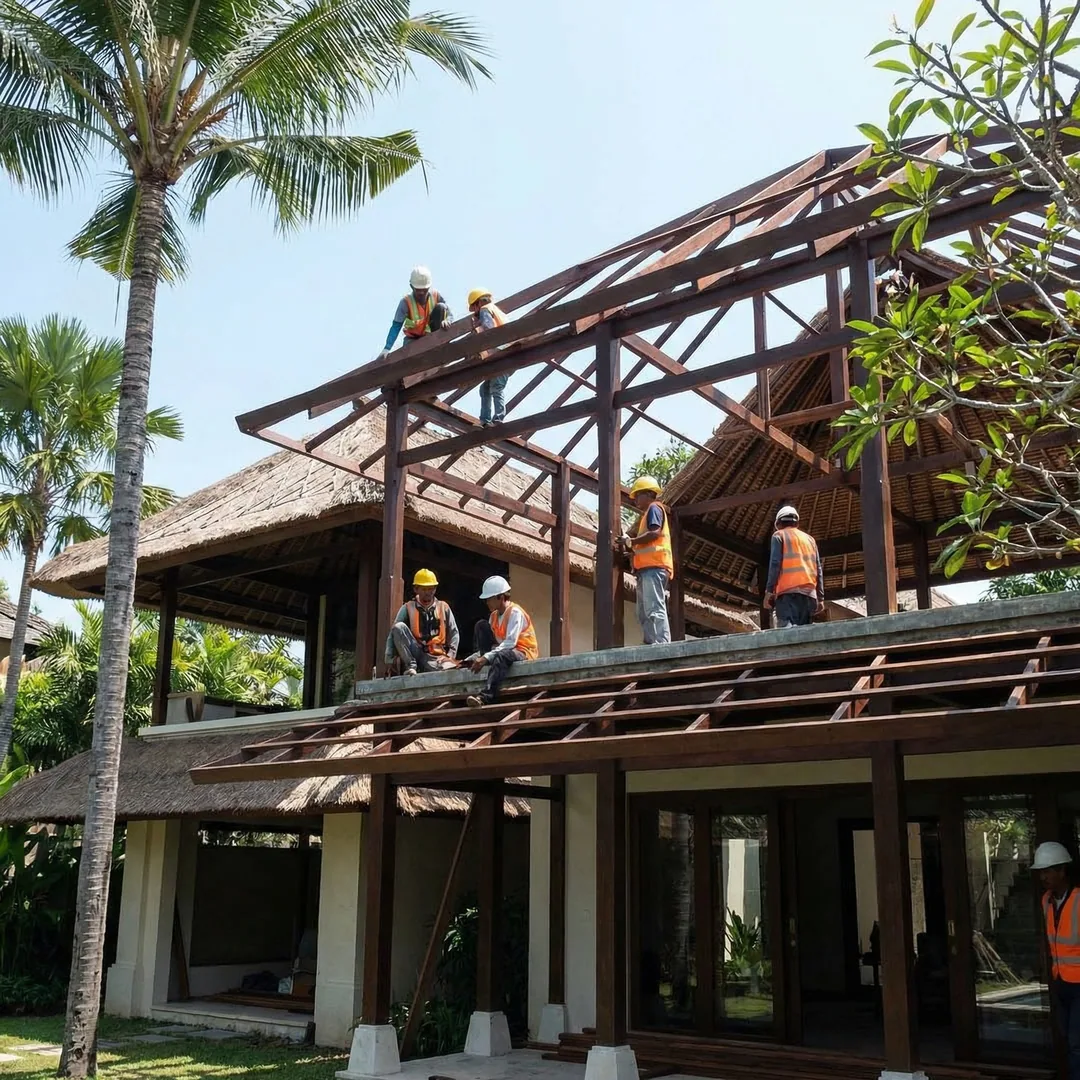 🏗️ Roof Structure | Tropical Hardwood Beams

Roof beam engineering handles tile weight, wind loads,